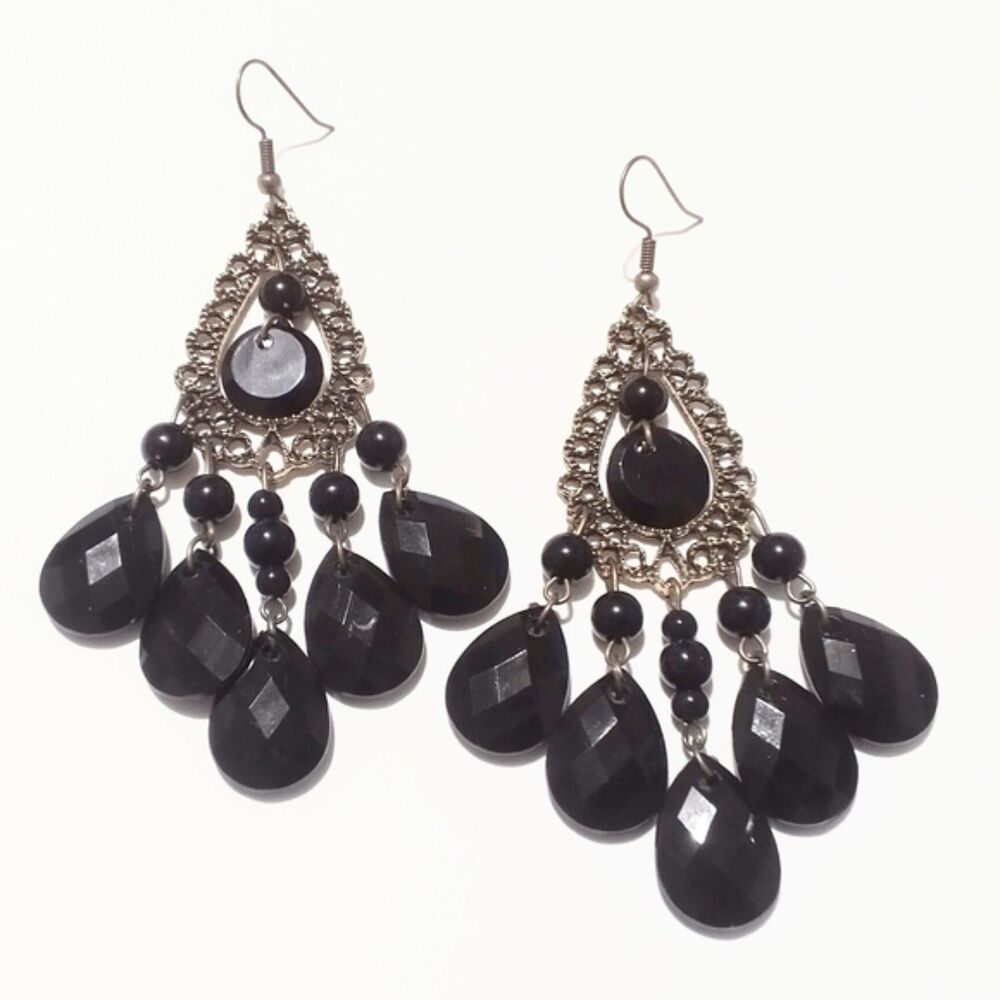 Gunmetal Silver Filigree and Black Bead Chandelier Earrings - Picture 3 of 8